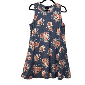 A. Byer rose floral on blue print simple sleeveless A-line dress L